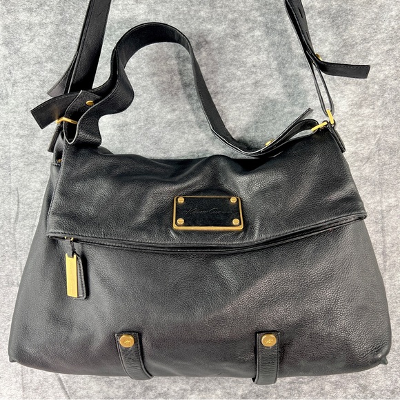 Large Black Leather Crossbody Kenneth Cole New York Fold Over Messenger Bag Sack - Picture 1 of 17